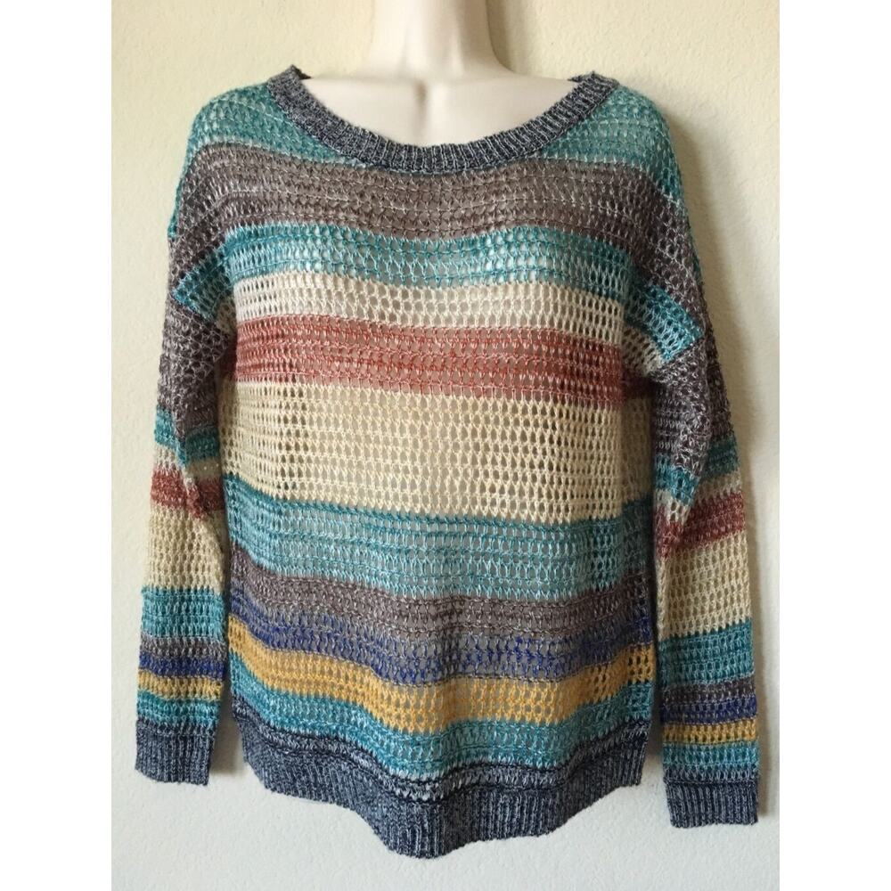 Full Tilt Beige Blue Gray Open Stitch Knit Long Sleeve Sweater Top Size S